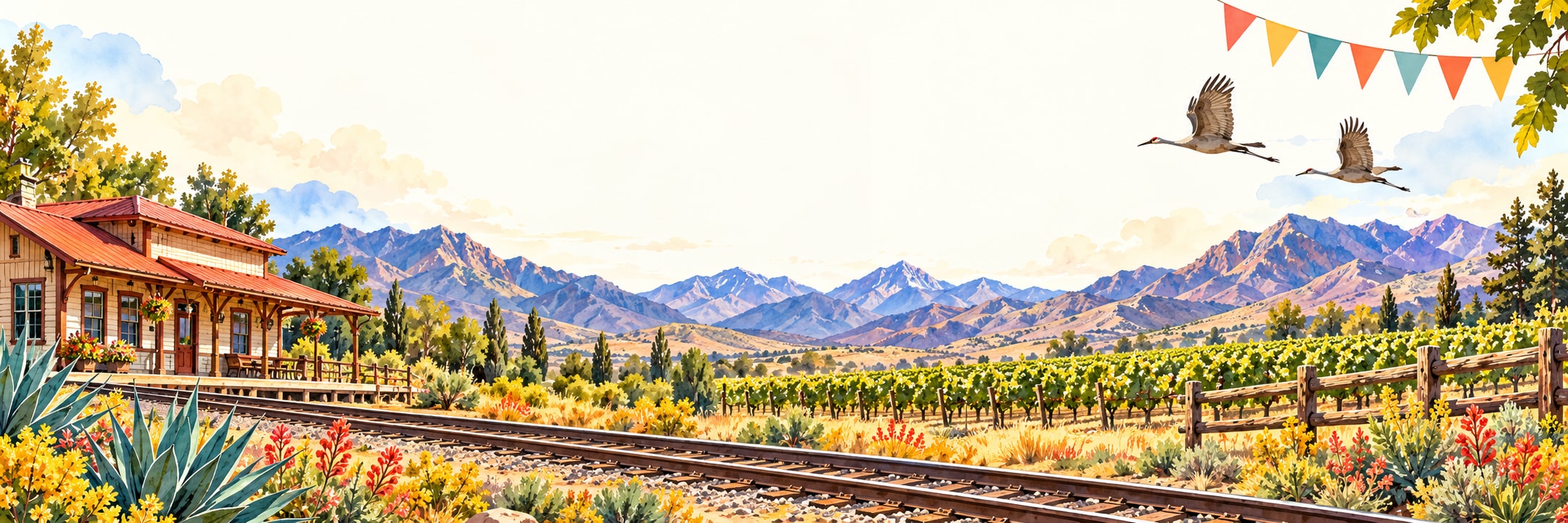 Stylized high-desert railroad and vineyard illustration