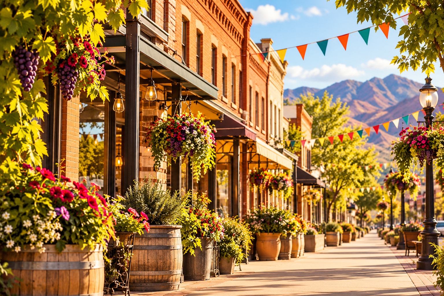Illustrative festive Southwestern storefronts